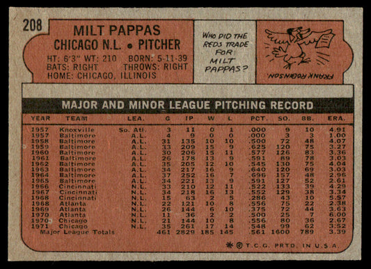 1972 Topps Baseball #208 - Milt Pappas - EXMT