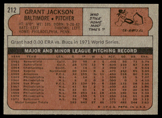 1972 Topps Baseball #212 - Grant Jackson - EXMT
