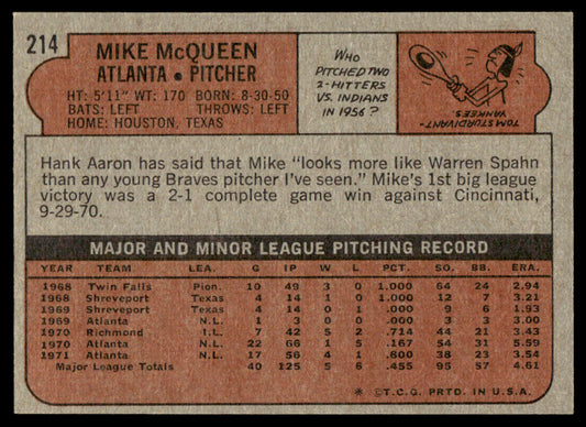 1972 Topps Baseball #214 - Mike McQueen - NM