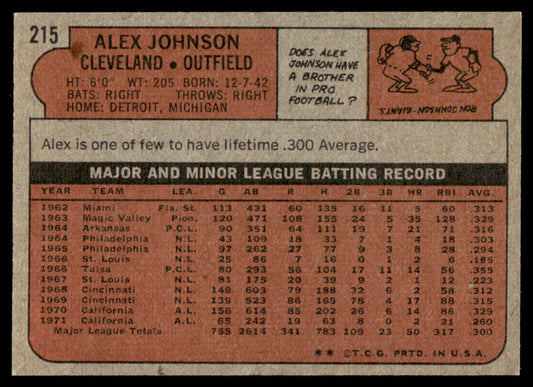 1972 Topps Baseball #215 - Alex Johnson - NM