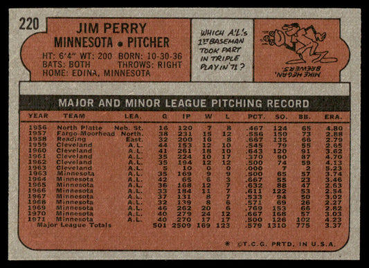 1972 Topps Baseball #220 - Jim Perry - NM