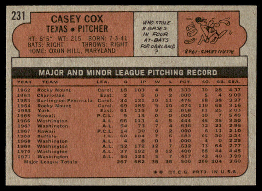1972 Topps Baseball #231 - Casey Cox - NM