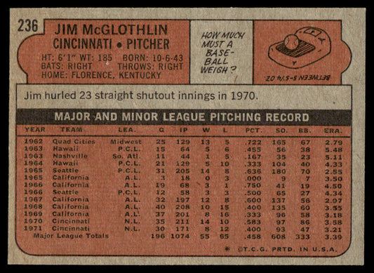 1972 Topps Baseball #236 - Jim McGlothlin - NM