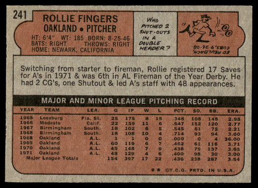 1972 Topps Baseball #241 - Rollie Fingers - NM