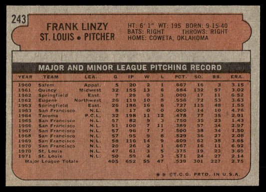 1972 Topps Baseball #243 - Frank Linzy - EXMT