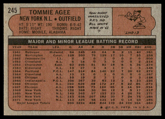 1972 Topps Baseball #245 - Tommie Agee - NM
