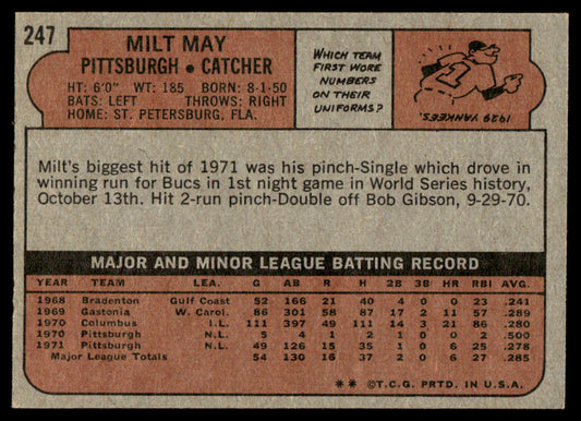 1972 Topps Baseball #247 - Milt May - NM