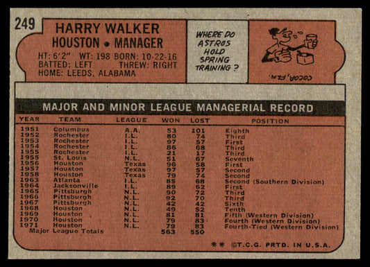 1972 Topps Baseball #249 - Harry Walker - NM