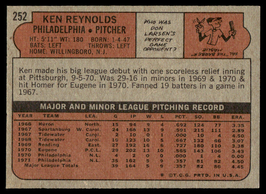 1972 Topps Baseball #252 - Ken Reynolds - NM