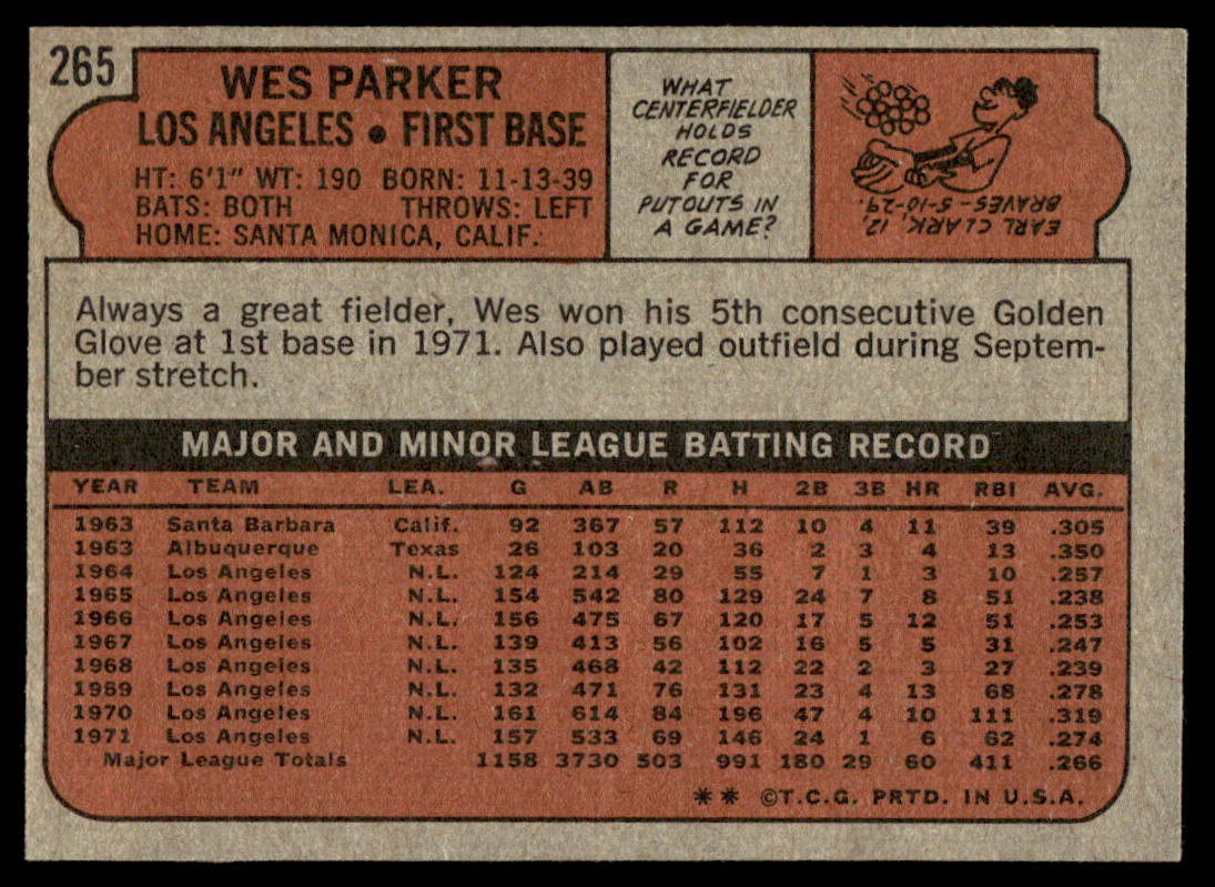 1972 Topps Baseball #265 - Wes Parker - NM