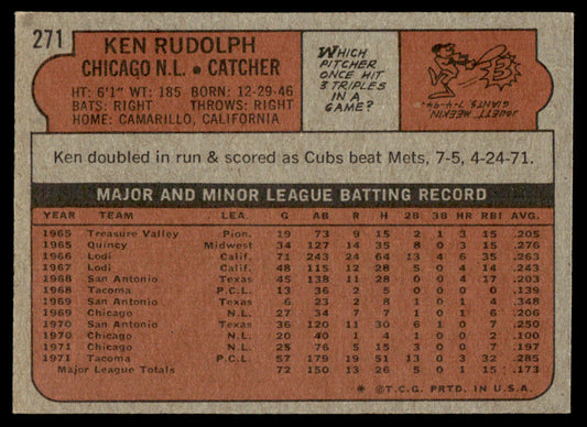 1972 Topps Baseball #271 - Ken Rudolph - NM