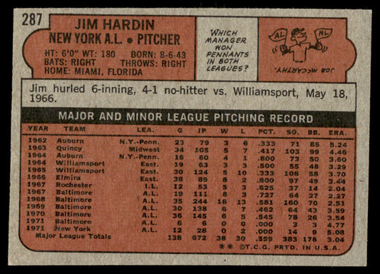 1972 Topps Baseball #287 - Jim Hardin - NM