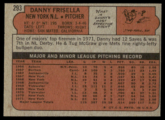 1972 Topps Baseball #293 - Danny Frisella - EXMT