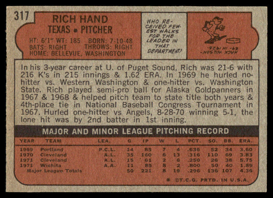 1972 Topps Baseball #317 - Rich Hand - NM