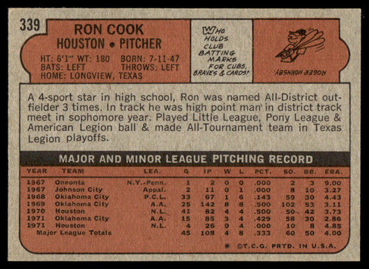 1972 Topps Baseball #339 - Ron Cook - NM