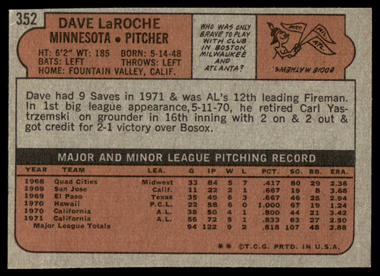 1972 Topps Baseball #352 - Dave LaRoche - NM