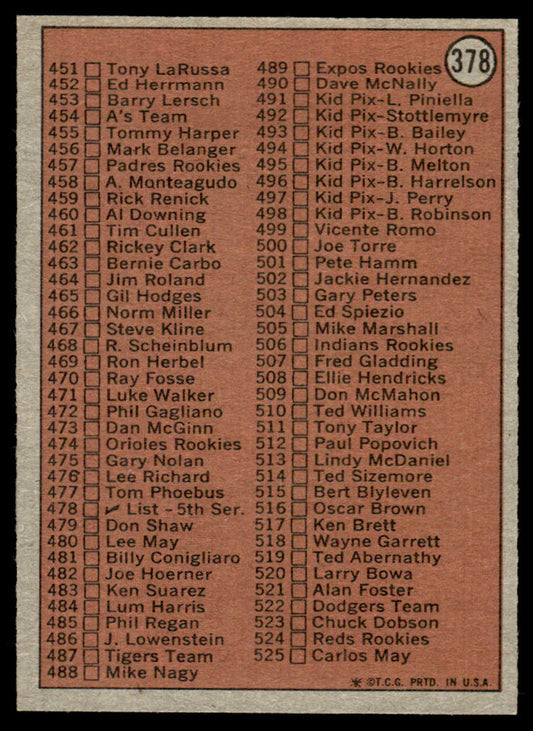 1972 Topps Baseball #378b - Checklist 4th Series - NM