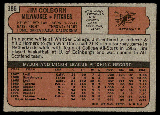 1972 Topps Baseball #386 - Jim Colborn - NM