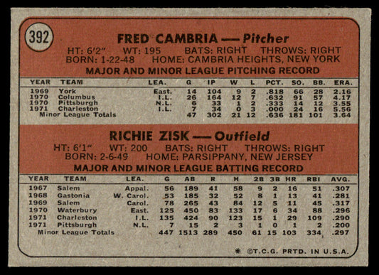 1972 Topps Baseball #392 - Pirates 1972 Rookie Stars - Zisk RC - NM