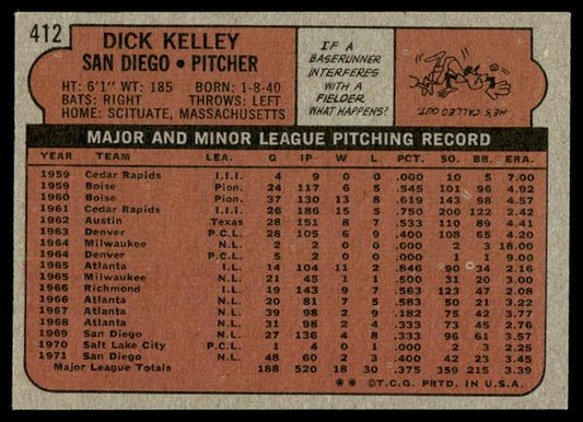 1972 Topps Baseball #412 - Dick Kelley - EXMT