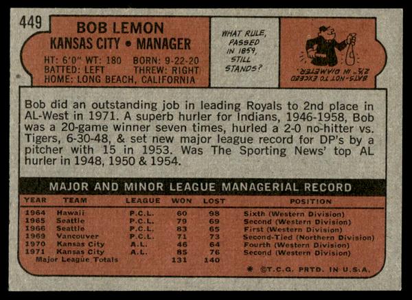 1972 Topps Baseball #449 - Bob Lemon - NM