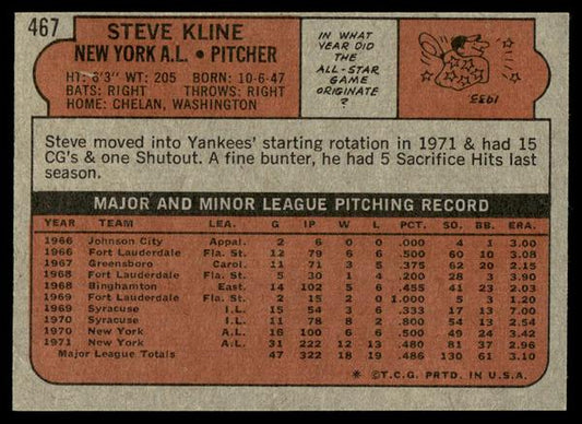 1972 Topps Baseball #467 - Steve Kline - EXMT