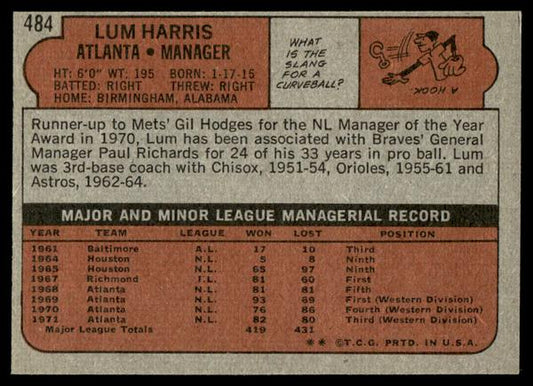 1972 Topps Baseball #484 - Lum Harris - NM
