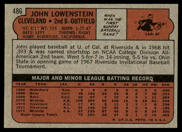 1972 Topps Baseball #486 - John Lowenstein - EXMT