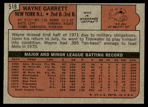 1972 Topps Baseball #518 - Wayne Garrett - EXMT