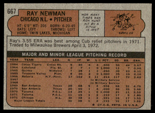 1972 Topps Baseball #667 - Ray Newman RC - EXMT