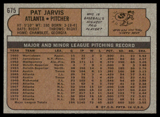 1972 Topps Baseball #675 - Pat Jarvis - NM