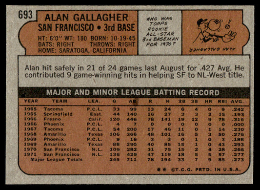 1972 Topps Baseball #693 - Alan Gallagher - EXMT