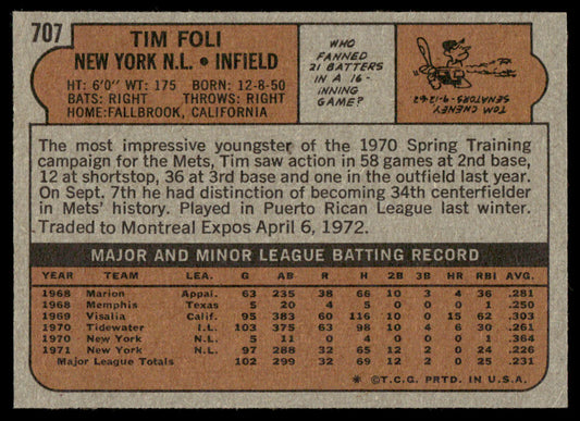 1972 Topps Baseball #707 - Tim Foli - NMMT