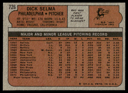 1972 Topps Baseball #726 - Dick Selma - NM