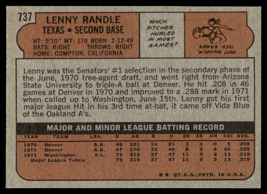1972 Topps Baseball #737 - Lenny Randle RC - EXMT