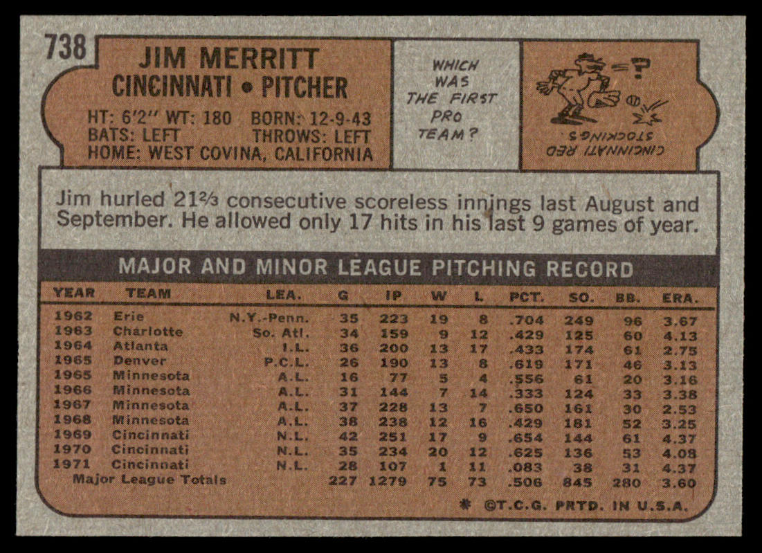 1972 Topps Baseball #738 - Jim Merritt - NMMT