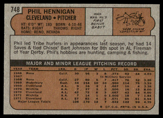 1972 Topps Baseball #748 - Phil Hennigan - EXMT