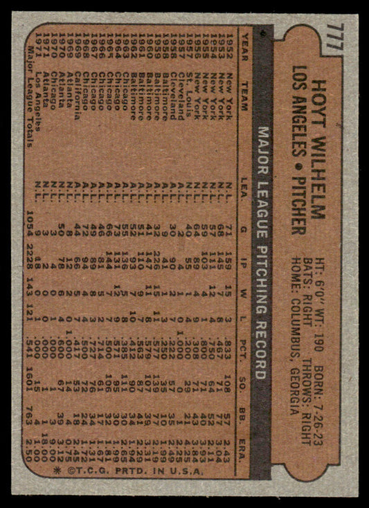 1972 Topps Baseball #777 - Hoyt Wilhelm - NMMT