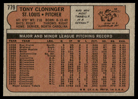 1972 Topps Baseball #779 - Tony Cloninger - EXMT