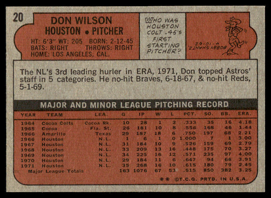 1972 Topps Baseball #20 - Don Wilson - NM