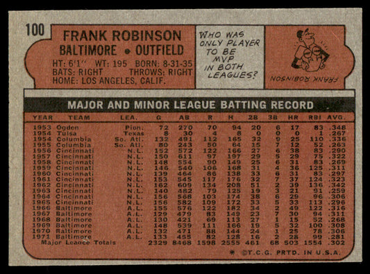 1972 Topps Baseball #100 - Frank Robinson - EXMT