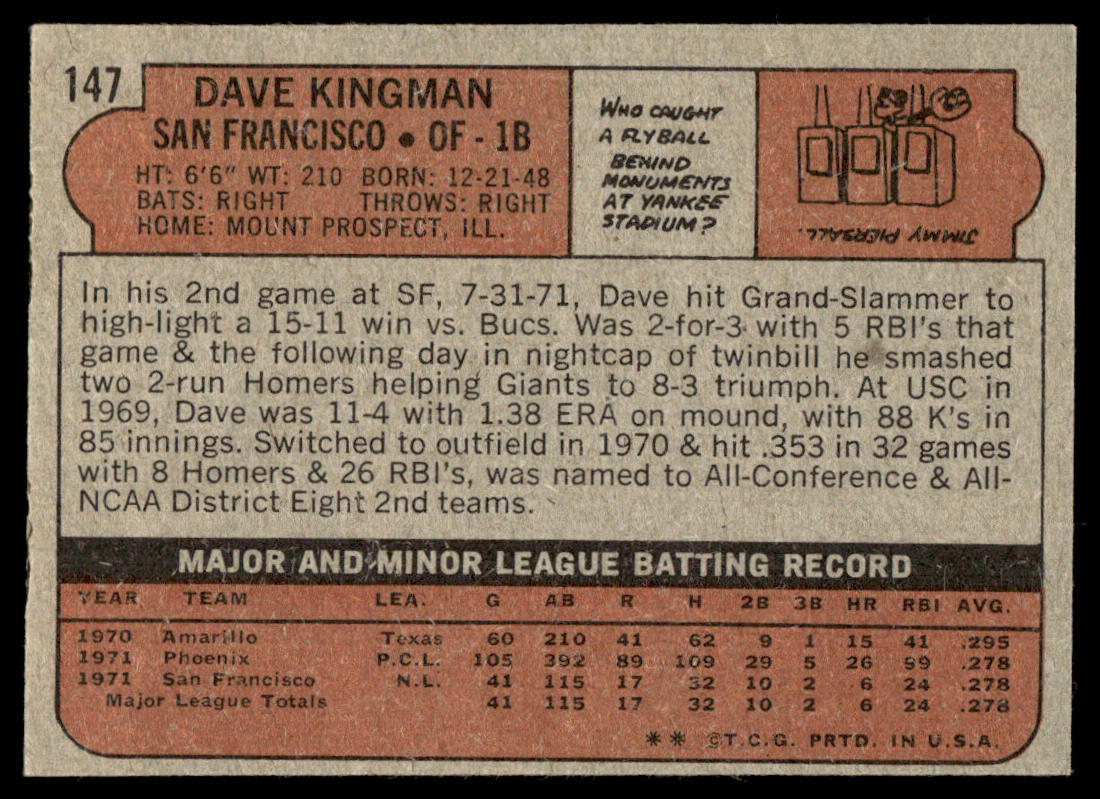 1972 Topps Baseball #147 - Dave Kingman RC - NM