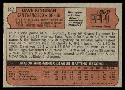 1972 Topps Baseball #147 - Dave Kingman RC - NM