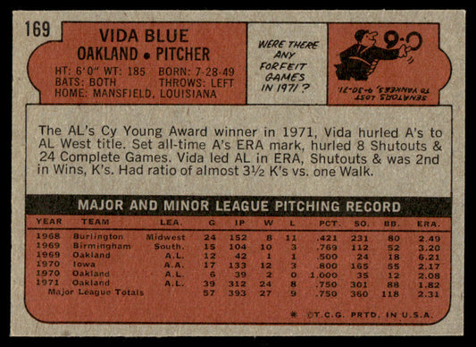 1972 Topps Baseball #169 - Vida Blue - EXMT