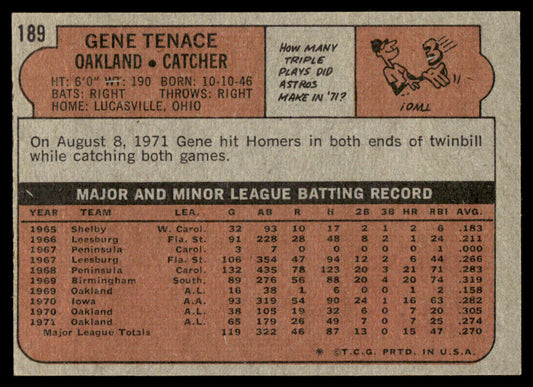 1972 Topps Baseball #189 - Gene Tenace - EXMT