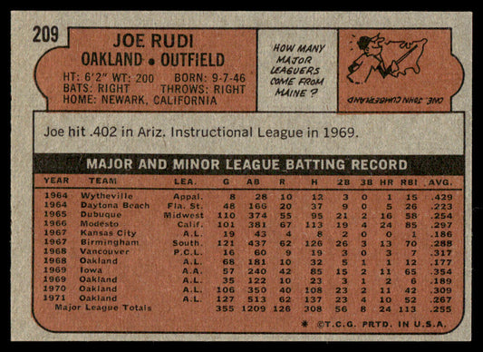 1972 Topps Baseball #209 - Joe Rudi - EX