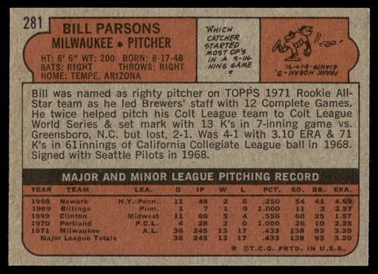1972 Topps Baseball #281 - Bill Parsons RC - EXMT