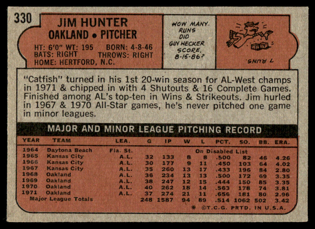 1972 Topps Baseball #330 - Jim Hunter - EXMT
