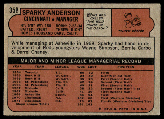 1972 Topps Baseball #358 - Sparky Anderson - EXMT