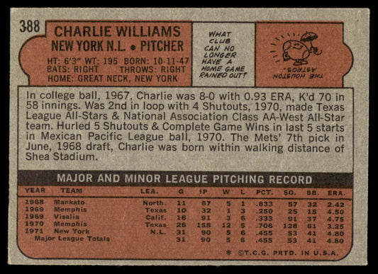 1972 Topps Baseball #388 - Charlie Williams RC - NM